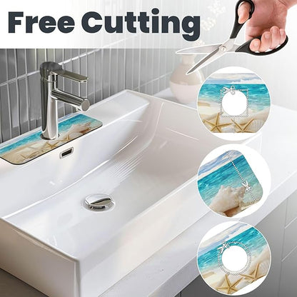 Beach Starfish Seashell Shell Summer Kitchen Sink Splash Guard Faucet Mat Super Absorbent Fast Drying Mat Sink Gadgets-Fast Drying Pad Sink Mat For Kitchen Bathroom (15" X 5.5" )