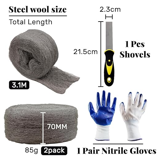 Daily Treasures 2pcs Steel Wool with Nitrile Material Gloves and Large Contact Shovel, Sharp to Prevent Rodents Steel Wool Mice Control, Rodent Control Excluder Mesh for Cracks Vents in Garden House