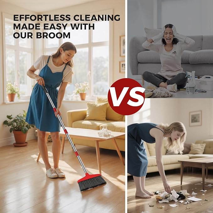 Handy Broom 2Pack, Indoor/Outdoor Brooms, Duty Kitchen Broom, for Home Garage Kitchen Office Courtyard Lobby Patio Lawn Concrete (2, Red)