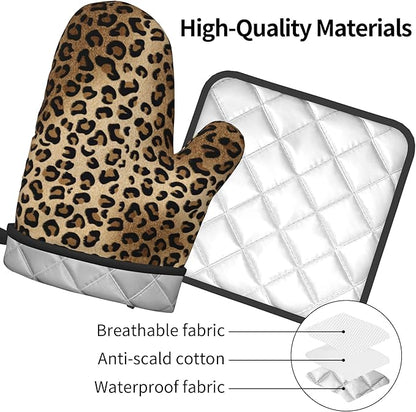 Leopard Print Oven Mitts - Brown Oven Mitts and Pot Holders Sets of 2 Animal Print Kitchen Mitts Hot Pads for Baking Grilling