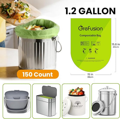 GreFusion Compostable Trash Bags for Kitchen Compost Bin 1.2 Gallon,150 Count,Compost Bags Small for Food Scrap Waste Bags for Countertop Bin Certified by BPI,ASTM D6400 and OK Compost