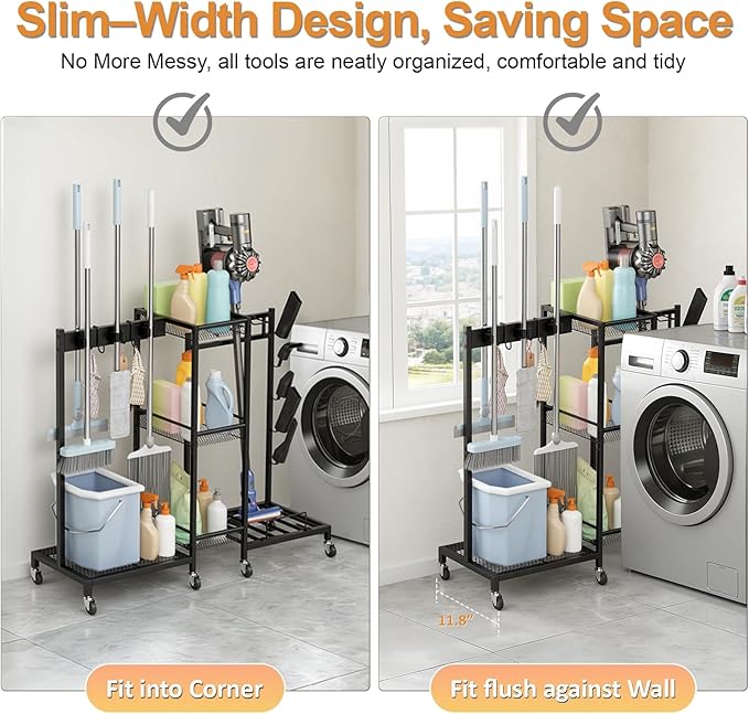 YOXIER Heavy Duty Rolling Tool Cart & Broom Organizer - 3-Tier Steel Cleaning Caddy Cart for Garage Organization Next to Garage Cabinets. Freestanding Rack Beats Any Broom Hanger Wall Mount Black