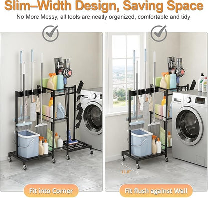 YOXIER Heavy Duty Rolling Tool Cart & Broom Organizer - 3-Tier Steel Cleaning Caddy Cart for Garage Organization Next to Garage Cabinets. Freestanding Rack Beats Any Broom Hanger Wall Mount Black