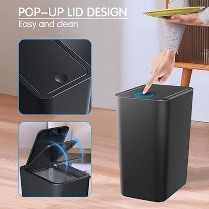 2.65-gallon/10-liter Push-Button Trash can with lid + 100 Trash Bags. Features pet-Proof, Odor-Proof, and Quiet-Closing Functions; Suitable for bedrooms, bathrooms, Kitchens, and Offices (Black)