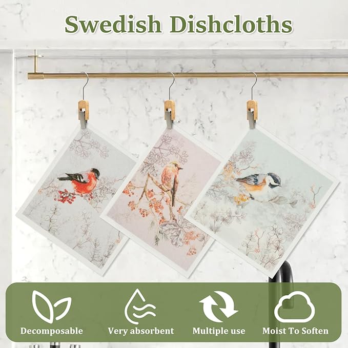 6Pcs Swedish Dishcloths for Kitchen, Quick-Drying Reusable Paper Towels, Absorbent Washable Kitchen Dish Rags, Soft Cellulose Sponge Cloths for Countertop Sink Flower Bird (6pcs Chinese Style Birds)