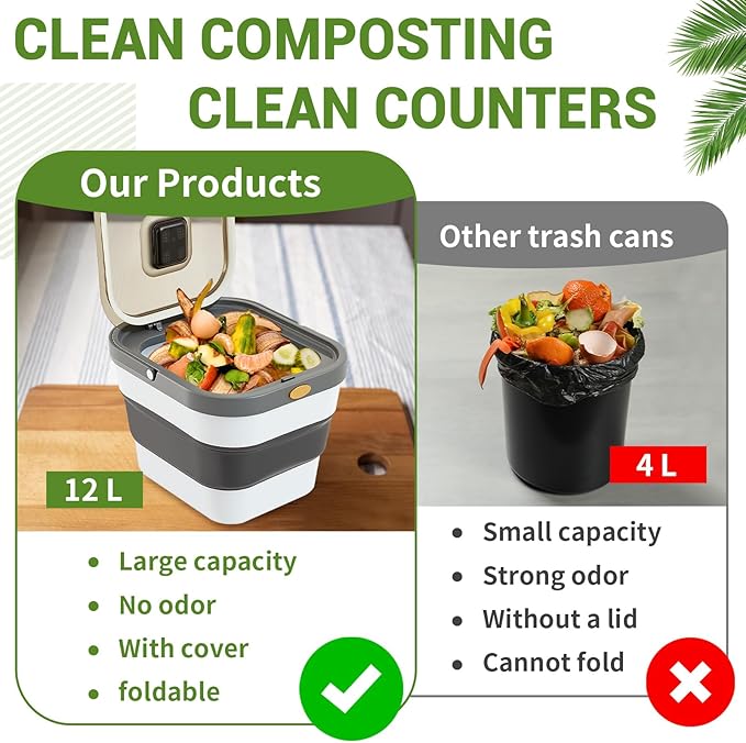 Reallnaive Collapsible Compost Bin for Kitchen Countertop 3.2 Gallon Compost Bucket for Kitchen with Lid Odorless Compost Bin Countertop with 20 Compost Bags and 1 Carbon Filters