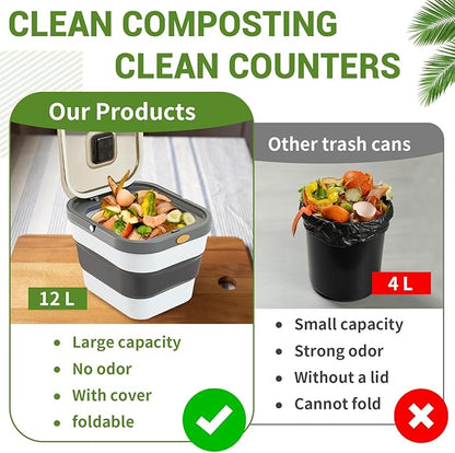 Reallnaive Collapsible Compost Bin for Kitchen Countertop 3.2 Gallon Compost Bucket for Kitchen with Lid Odorless Compost Bin Countertop with 20 Compost Bags and 1 Carbon Filters
