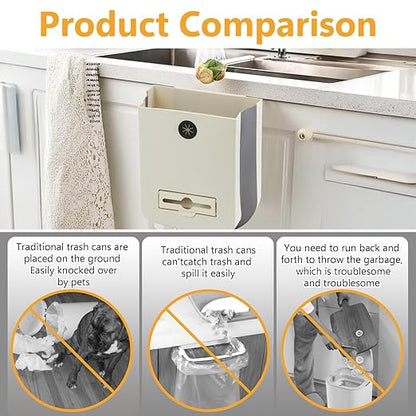 Collapsible Trash Can for Kitchen, Hanging Trash Can with 60 Pcs of Garbage Bags, Plastic Folding Garbage Bin, Compost Bin Kitchen 2.64 Gallon