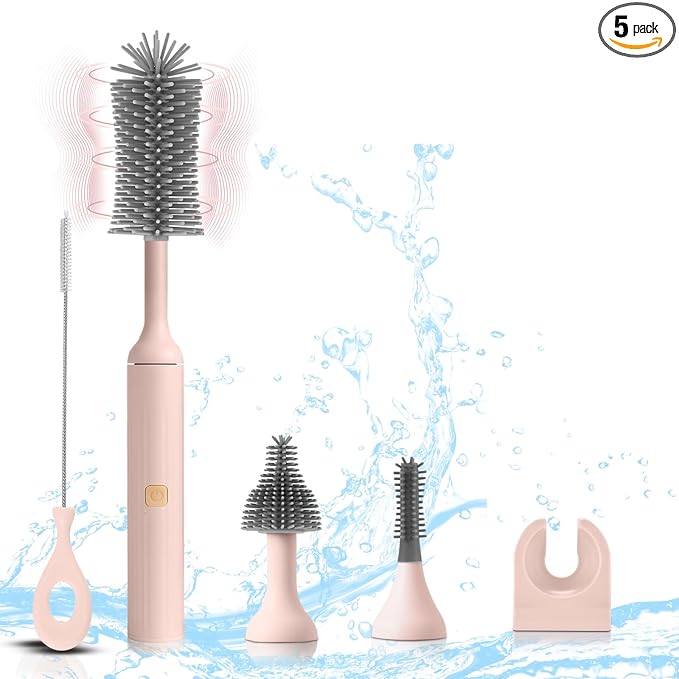 Electric Baby Bottle Brush Set with Rechargeable Electric Bottle Brush Cleaner and Replaceable Silicone Bottle Brushes and Straw Brush Cleaner, Waterproof Multi-Purpose Cleaning Brush(Pink)