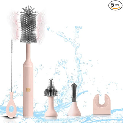 Electric Baby Bottle Brush Set with Rechargeable Electric Bottle Brush Cleaner and Replaceable Silicone Bottle Brushes and Straw Brush Cleaner, Waterproof Multi-Purpose Cleaning Brush(Pink)