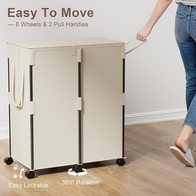 160L Double Laundry Hamper with Lid and 6 Wheels, Rolling Laundry Basket with 2 Removable Bags, Heavy Duty Metal Frame Clothes Cart, 2-Section Laundry Sorter for Bedroom, Bathroom (White)