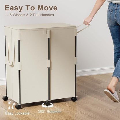 160L Double Laundry Hamper with Lid and 6 Wheels, Rolling Laundry Basket with 2 Removable Bags, Heavy Duty Metal Frame Clothes Cart, 2-Section Laundry Sorter for Bedroom, Bathroom (White)