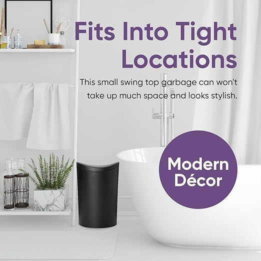Superio Small Bathroom Trash Can with Lid, Modern Matte Black Mini Waste Bin with Swing Lid (1 1/2 Gallon, 6 Liter) Plastic Garbage Can for Kitchen, Bathroom, Bedroom, Office, Under Desk (1)