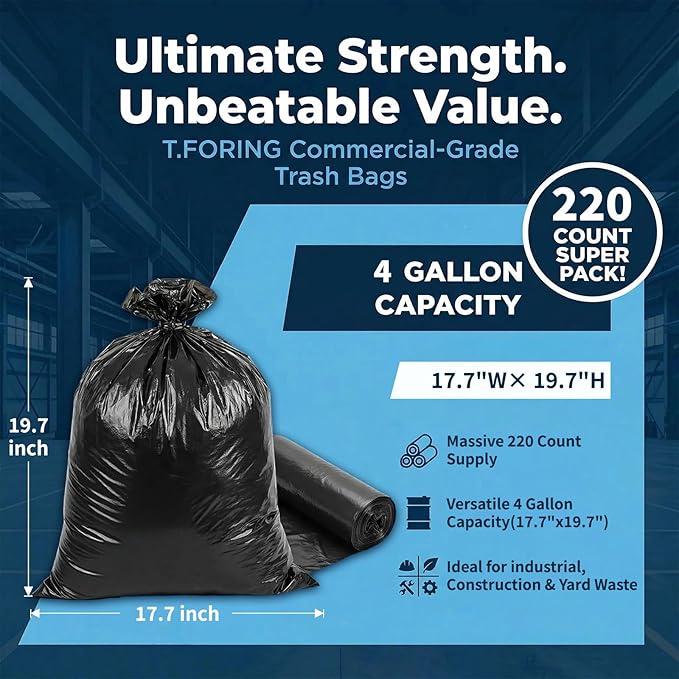 Small Trash Bags 4 Gallon - 0.94 Mil Thick 220 Count Heany Duty 15 Liters Black Garbage Bags,Leakproof Durable and Unscented Weastbasket Can Liners for Bathroom Bedroom Home