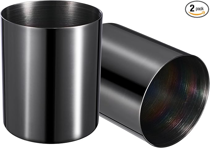 2 Packs Round 304 Stainless Steel Pen Holder,Pencil Cup,Desktop Stationery Organizer,Vacuum Plating Makeup Brush Holder,Black