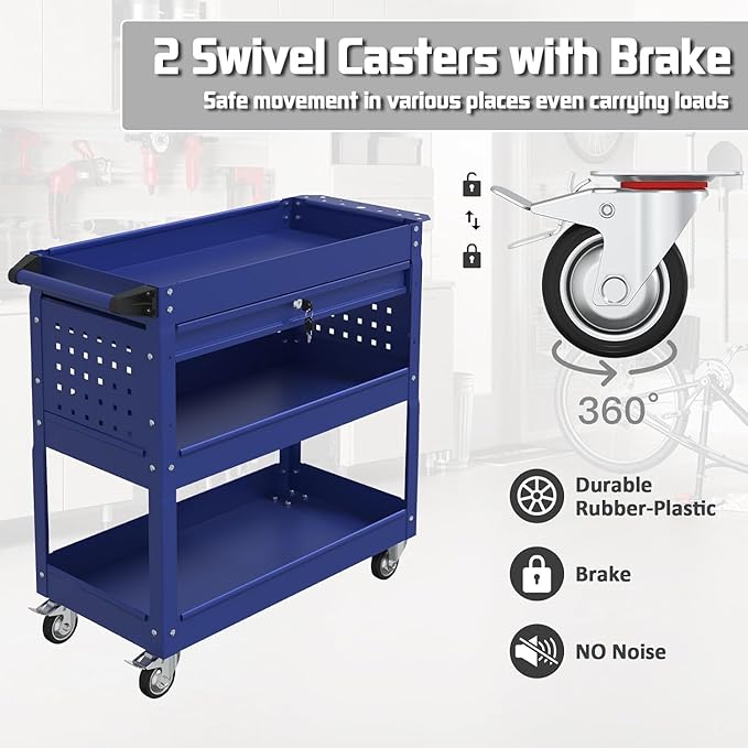 3 Tray Rolling Tool Cart with Drawers, 400 LBS Capacity Mechanic Tool Cart on Wheels, Heavy Duty Utility Cart with Pegboard, Metal Work Cart for Garage and Repair Shop, Blue