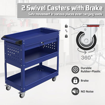 3 Tray Rolling Tool Cart with Drawers, 400 LBS Capacity Mechanic Tool Cart on Wheels, Heavy Duty Utility Cart with Pegboard, Metal Work Cart for Garage and Repair Shop, Blue