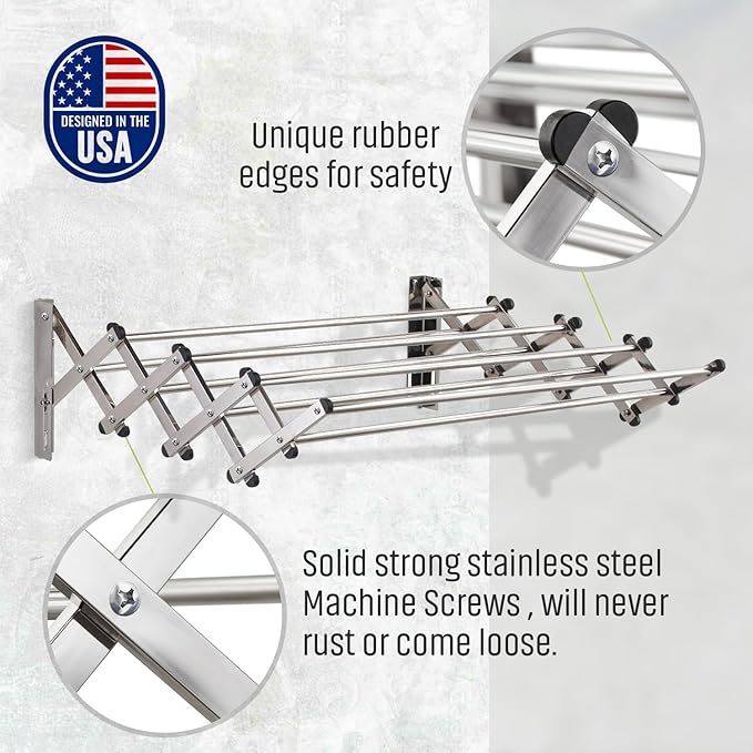 Smartsome Wall Mounted Clothes Drying Rack | Adjustable 18–33" Width | 20 Linear Feet Drying Capacity | 8 Stainless Steel Rods | 60 lb Capacity | Fully Assembled | Compact Space-Saving Design