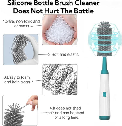 Electric Bottle Brush Set, 6-in-1 Electric Cleaning Brush with Waterproof Silicone Cleaner, 3 Replaceable Brush Heads, Straw Brush & Extension Rod, for Baby Feeding Supplies and Kitchen Utensils