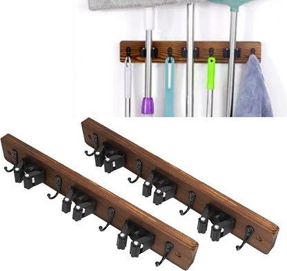 2pcs Broom Holder Wall Mount, Mop and Broom Holder Wall Mounted Organizer Mop and Broom Storage Tool Rack with 3 Rolling Clips and 4 Hooks