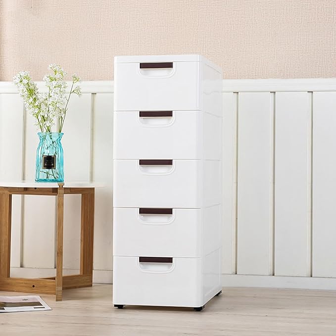 Plastic Drawers Dresser Storage Cabinet with Wheels,5 Drawer Stackable Vertical Clothes Storage Tower,Organizer Unit for Bathroom Entryway Living Room,White