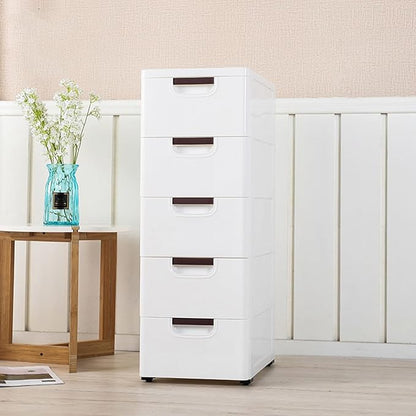 Plastic Drawers Dresser Storage Cabinet with Wheels,5 Drawer Stackable Vertical Clothes Storage Tower,Organizer Unit for Bathroom Entryway Living Room,White