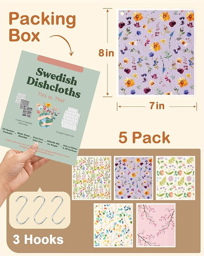 Miss Adola Swedish Dishcloths for Kitchen with Hooks - Reusable Dish Cloths for Washing Dishes Fast Drying Cute Fun 5 Pack Swedish Dish Towels Washable Cleaning Sponge, Elegant Flowers