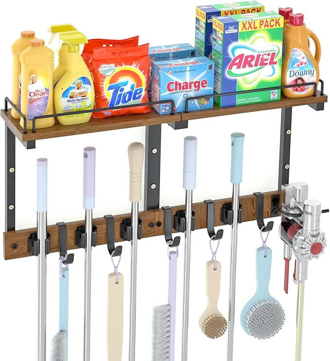 Mop Holder Wall Mount with Cleaning Supplies Organizer, Wood Mop and Broom Hanger Rack Organizer with Anti-Fall Wall Shelf with 5 Clips & Hooks for Garage Laundry Room Organization, Brown