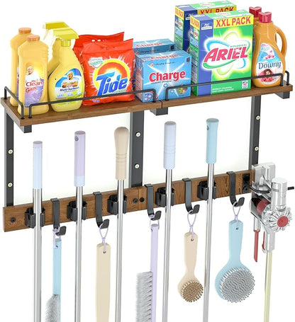 Mop Holder Wall Mount with Cleaning Supplies Organizer, Wood Mop and Broom Hanger Rack Organizer with Anti-Fall Wall Shelf with 5 Clips & Hooks for Garage Laundry Room Organization, Brown