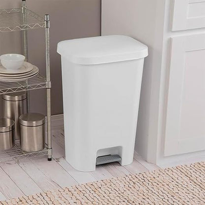 Sterilite 11.9 Gallon Rectangular Step On Kitchen Plastic Indoor Wastebasket with Wide Opening Lid and Comfort Handle for Home, White (16 Pack)