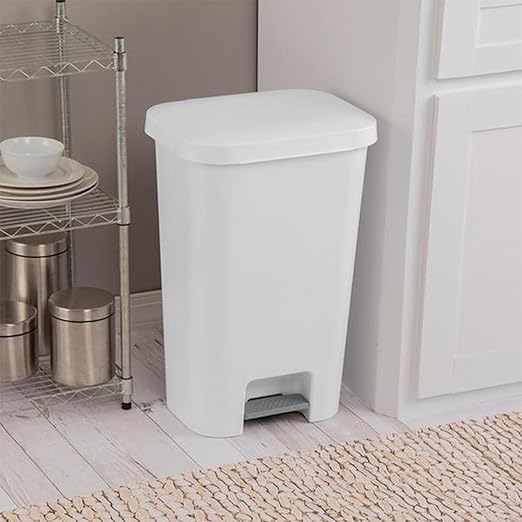 Sterilite 11.9 Gallon Rectangular Step On Kitchen Plastic Indoor Wastebasket with Wide Opening Lid and Comfort Handle for Home, White (12 Pack)