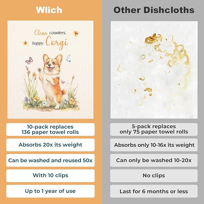 wlich 10PCS Swedish Dishcloths for Kitchen, Reusable Dish Rags for Washing Dishes with Clips, Non-Scratch Kitchen Towels and Dishcloths Sets, Washable Swedish Dish Cloths, No Odor(Dog)