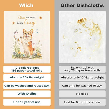 wlich 10PCS Swedish Dishcloths for Kitchen, Reusable Dish Rags for Washing Dishes with Clips, Non-Scratch Kitchen Towels and Dishcloths Sets, Washable Swedish Dish Cloths, No Odor(Dog)