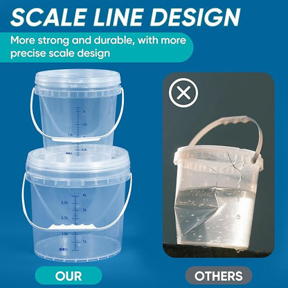 ASEVAT Clear Bucket Graduated Pail Container with Lid, Food Grade Buckets, Cleaning Containers Plastic Pails Extra Durable Handles with Grip for Easy Carrying (ClearRound, 0.3gal)