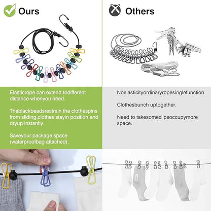 2 Pcs Camping Clothesline Portable 12 Clothespins, Camping Accessories Travel Clothesline for Outdoor Indoor, Retractable Clothes Line Elastic Clothesline, Windproof for Travel Camping Indoor Use