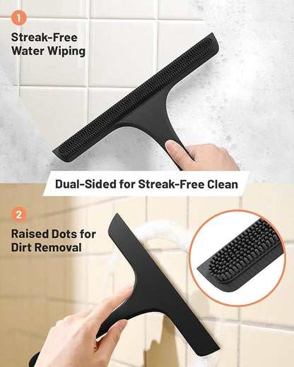 2-in-1 Silicone Shower Squeegee with Hook,Dual-Sided Design with Scraper & Scrub Surface,Streak-Free Bathroom Squeegee for Glass Doors,Mirrors,Windows,Car Windshields (Black Squeegee+Hook+Dispenser)