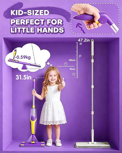 Kids Spray Mop Toddler Cleaning Set with Realistic Spray Bottle, 2 Washable Pads and Scraper, Pretend Play Housekeeping Toy for Boys Girls Age 1-3