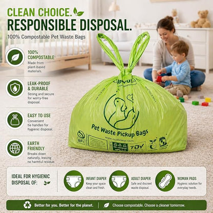 100% Compostable Pet Waste Disposal Bag (140 ct.) Plant-Based Biodegradable Cat Litter Poop Waste Pick-Up Bags with Handles Dog poop Bags Disposable Compost Food Scrap Liners (140 ct.)