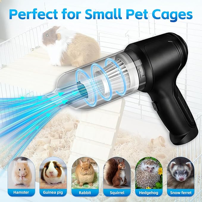 Guinea Pig Poop Vacuum: 6000Pa Powerful Suction, Cordless Handheld Spot Cleaning Tool for Guinea Pig, Rabbit, Hamster, Chinchilla & Small Animal Cages-Black