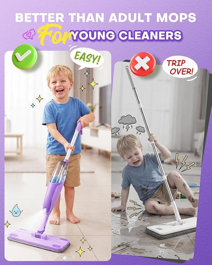 Purple Mini Spray Mop for Toddler-Montessori Cleaning Toy that Real Spray Water,Pretend Playhouse Essentials for Girls Ages 3-8,Toddler Educational Housekeeping Set