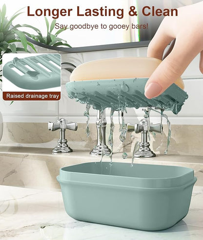 Quatish Leakproof Soap Dish with Lid & Draining Layer, Shatterproof Travel Bar Soap Holder Case Container, Portable Travel Size Toiletries Essentials for Camping, Gym, Bathroom, Greygreen