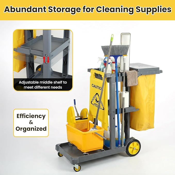 Janitorial Cleaning Carts on Wheels with 3 Shelves, Cleaning Cart for Housekeeping on Wheels, Utility Rolling Carts with 2 Vinyl Bags for Commercial&Industrial Services