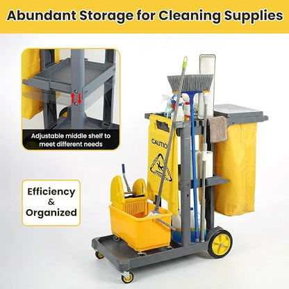 Janitorial Cleaning Carts on Wheels with 3 Shelves, Cleaning Cart for Housekeeping on Wheels, Utility Rolling Carts with 2 Vinyl Bags for Commercial&Industrial Services