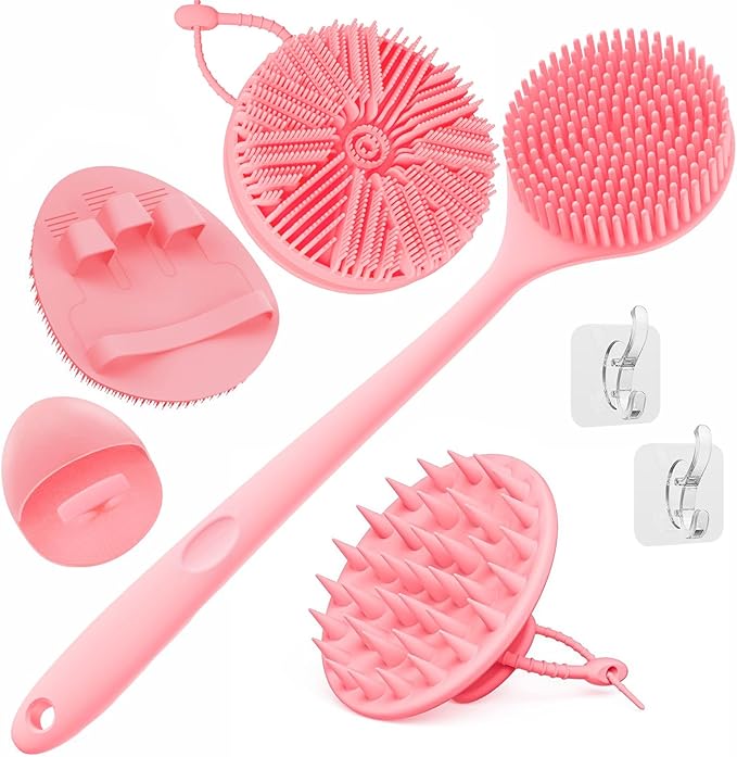 Manmihealth Silicone Back Scrubber & Soft Bath Glove, Silicone Scalp Massager Set 5 PCS, Super-Exfoliating Body Scrubber Shower Brush & Shampoo Brush Combination, with 2 Free Hooks (Style 1 Pink)