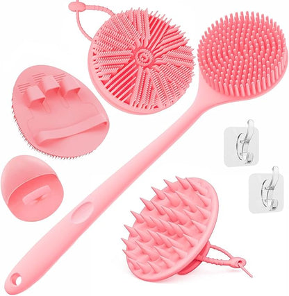 Manmihealth Silicone Back Scrubber & Soft Bath Glove, Silicone Scalp Massager Set 5 PCS, Super-Exfoliating Body Scrubber Shower Brush & Shampoo Brush Combination, with 2 Free Hooks (Style 1 Pink)