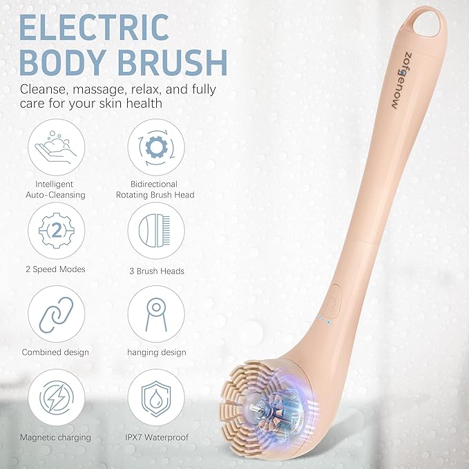 ZOFGENOW Electric Body Brush, Waterproof Back Scrubber for Shower with Long Handle and 3 Heads, Rechargeable Exfoliating Brush for Body and Foot, Deep Cleansing Massager, Pink