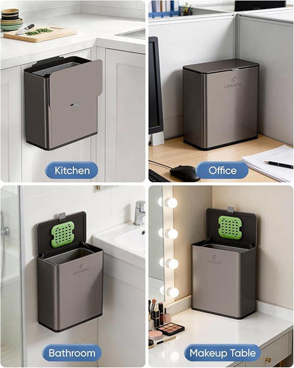 Kitchen Compost Bin, 10L/2.6G Trash Can with Lid, Slim Stainless Steel Hanging Garbage Bin for Kitchen, Bathroom, Bedroom, Office, Wall Mounted Compost Bin with Inner Bucket,Titanium Grey