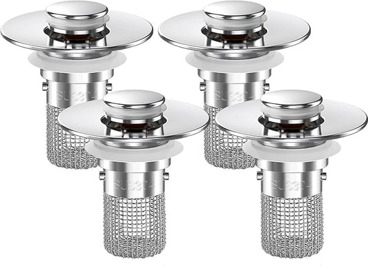 Bathroom Sink Drain Strainer,(4PCS) Pop-up Sink Drain Strainer with Removable Stainless Steel Strainer Basket Hair Catcher, Bathroom Sink Strainer for Bathroom Sink Stopper Replacement