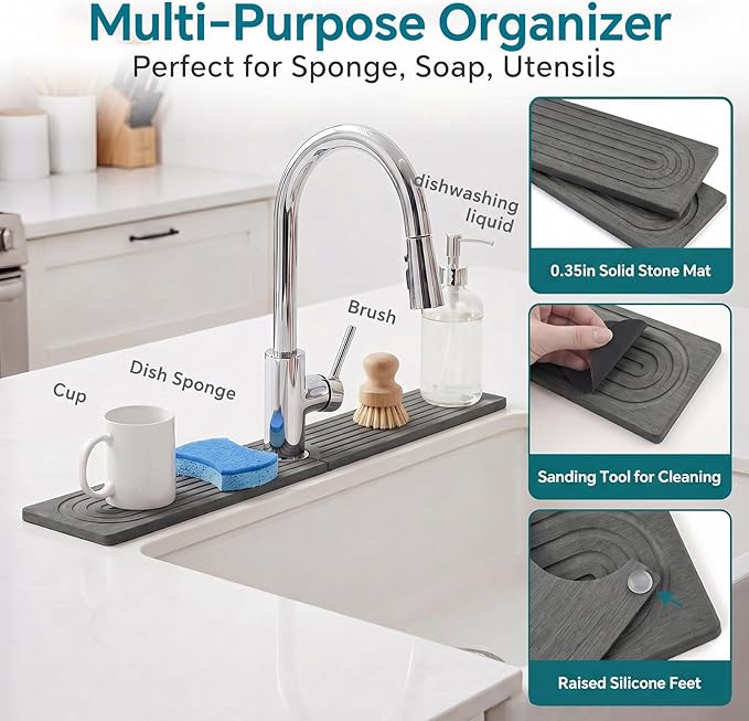 Stone Faucet Mat for Kitchen Sink-Diatomite Drying Stone Mat& Sink Protector,Quick Dry Water Absorbing Stone Tray ,Sink Splash Guard for Kitchen Counter & Bathroom Counter (Dark Grey, 15.7"x3.9")