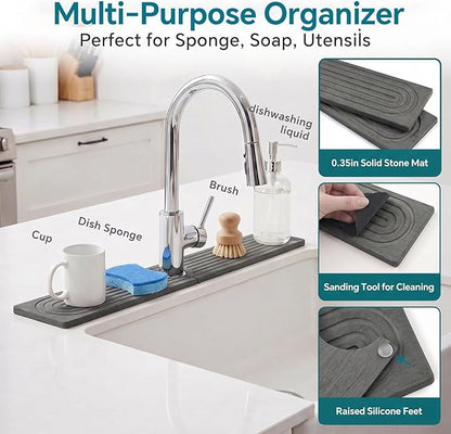 Stone Faucet Mat for Kitchen Sink-Diatomite Drying Stone Mat& Sink Protector,Quick Dry Water Absorbing Stone Tray ,Sink Splash Guard for Kitchen Counter & Bathroom Counter (Dark Grey, 15.7"x3.9")